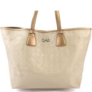 Salvatore Ferragamo Gancini Embossed Cream & Gold Tote